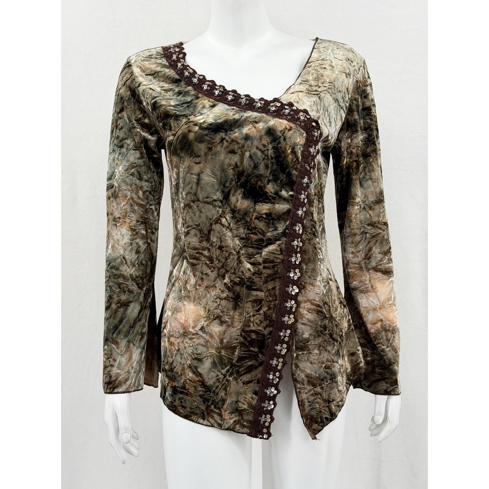 Cubism Top Womens Medium Brown Velvet Asymmetrical Sequin Tunic Forest Fairy USA